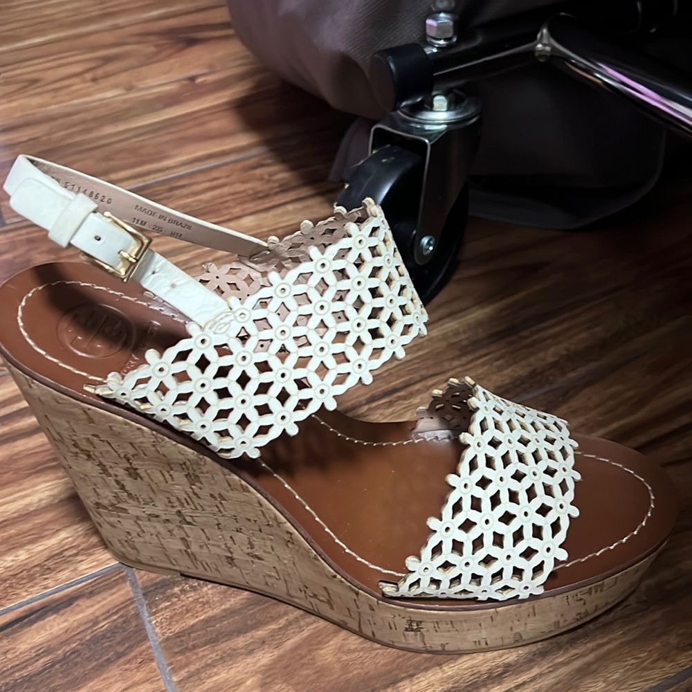 Never worn women sandals. White wedge sandals size 11